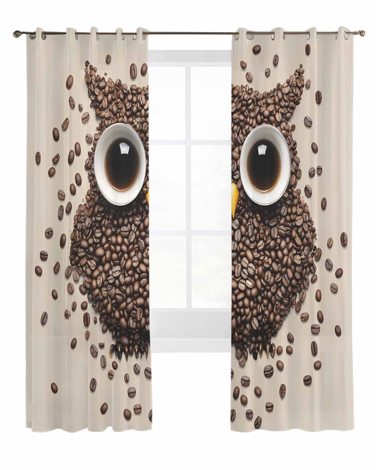 Coffee Owl Sheer Curtains 90 Inch Length 2 Panels Cute Bird Big Eyes