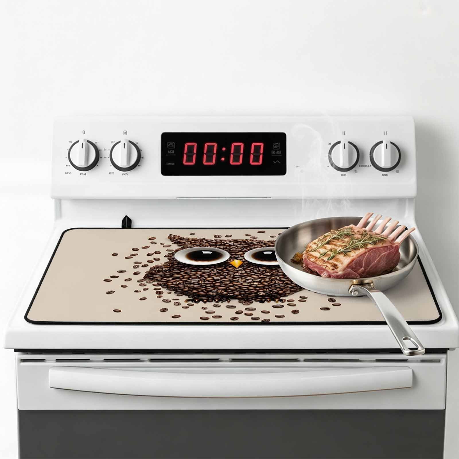 Coffee Owl Stove Top Cover for Electric Stove, Heat-proof & Non Slip Glass Top Stove Cover Protector, Cute Bird Big Eyes Animals Brown Beans Kitchen Flat Cooktop Rubber Mat 24x21 Inches