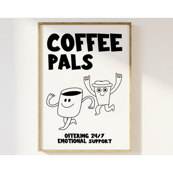 Coffee Pals Fun Illustration Kitchen Print - Aesthetic Kitchen Decor Emotional Support Coffee, Contemporary Retro Minimalist Coffee Decor Wall Art, Modern Wall Decor, 8x12 UNFRAMED