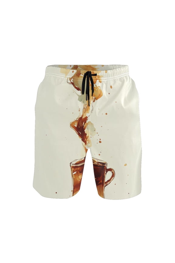 Coffee Pattern Design Large Size Men's Quick Dry Beach Shorts with Mesh Lining, Lightweight