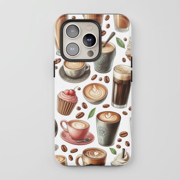 Coffee Pattern For All iPhone Series Protective Phone Case Cafe Art White Brown