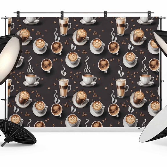 Coffee Photography Backdrop 7x5FT, Vintage Watercolor Hot Coffee Cups Beans Black Photo Backdrops, Background for Photography Studio Photo Studio Background, Back Drop for Photoshoot