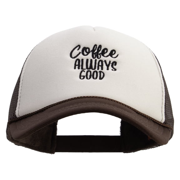 Coffee Phrase Embroidered Two Tone Polyester 5 Panel Foam Front Mesh Back Cap - Brown Tan OSFM
