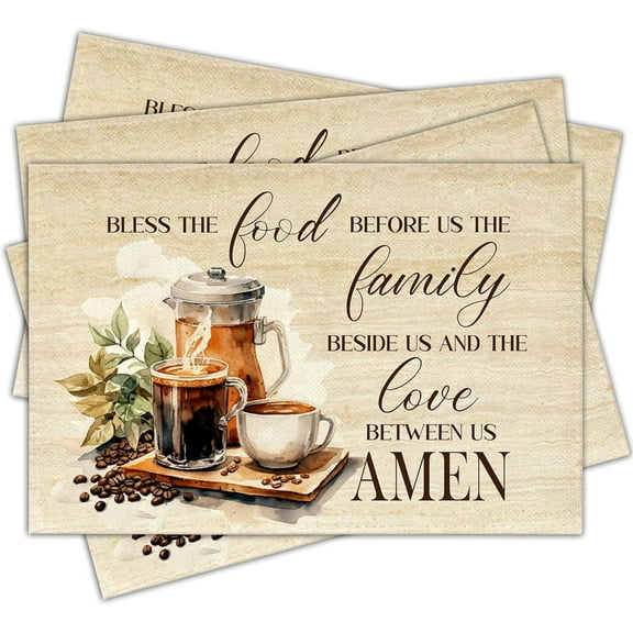 Coffee Placemats Set of 4, 12x18 Inch Kitchen Inspirational Table Mats, Bless The Food Before Us Table Decor, Religious Linen Placemats Decor for Kitchen Dining Farmhouse-A03