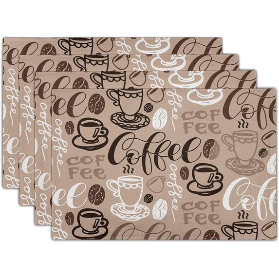 Coffee Placemats Set of 4,Brown Coffee Theme Dining Mat, Rectangle Linen 12 x 18in Non Slip Coffee Cup Print Place Mat for Kitchen Dining Party Decoration