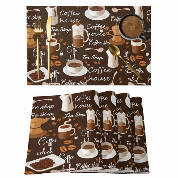 Coffee Placemats Set of 6, Brown Retro Coffee Theme Beans Latte Tea Cup Placemats for Dining Table, Place Mats for Kitchen Tabletop, Waterproof Wipeable Dining Table Mats Set