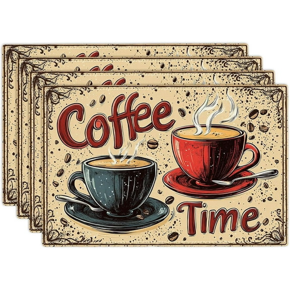 Coffee Placemats Set of 4, Cafe Table Mats Washable Place Mats for Farmhouse Home Party Kitchen Dining Indoor Outdoor Restaurants 12x18 Inch