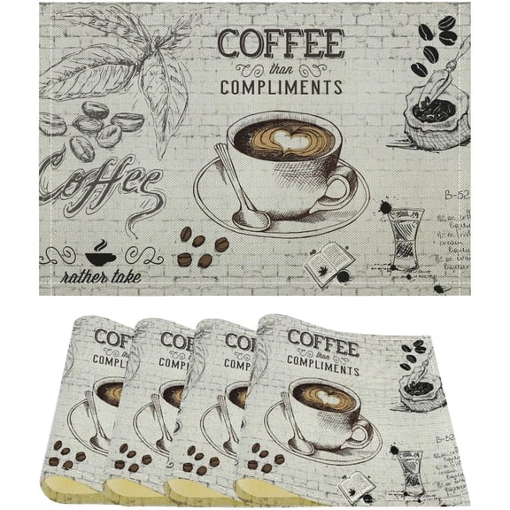 Coffee Placemats Set of 4 for Café,Vintage Hand Painted Art Brick Wall Coffee Theme Prints Table Mats for Home Dining Table Kitchen Party Decor 4PCS