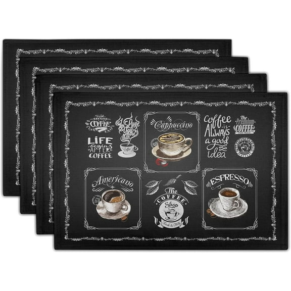 Coffee Placemts Set of 4, 12"x18" Black Cafe Life Themed Coffee Beans Maker Espresso Cup Print, Washable Heat-Resistant Linen Placemats for Dining Table Party