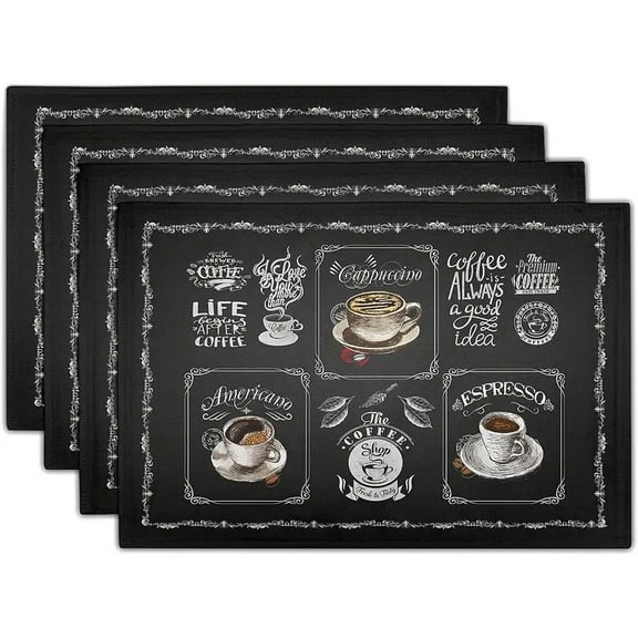 Coffee Placemts Set of 4, 12"x18" Black Cafe Life Themed Coffee Beans Maker Espresso Cup Print, Washable Heat-Resistant Linen Placemats for Dining Table Party