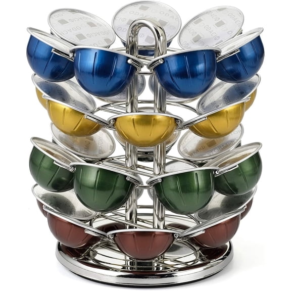 Coffee Pod Carousel with Nickel Chrome Finish, 28 Pod Holder with 360 Rotating Lazy Susan Base for Kitchen Counter or Office