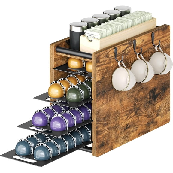 Coffee Pod Drawer Holder, 72 Pods Large Capacity, 4 Tier Holder for Vertuo, Coffee Pod Organizer for Countertop, Storage Rack for Nespresso Vertuo Pods, Space Saving, Rustic Brown