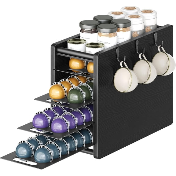 Coffee Pod Drawer Holder, 72 Pods Large Capacity, 4 Tier Holder for Vertuo, Coffee Pod Organizer for Countertop, Storage Rack for Nespresso Vertuo Pods, Space Saving, Black