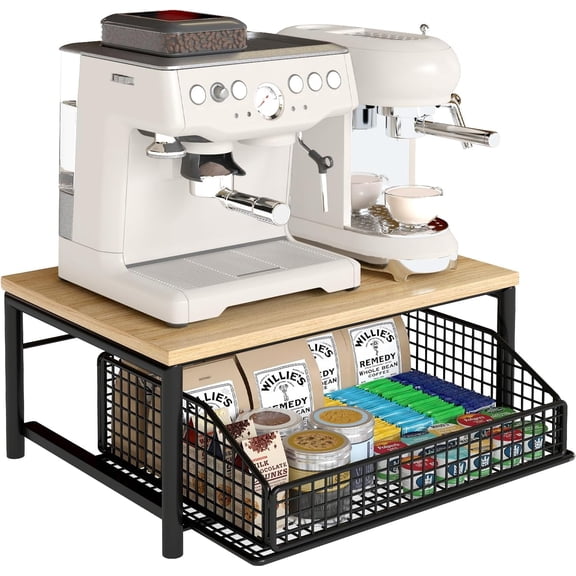Coffee Pod Drawer Holder, Coffee Machine Storage Rack, Countertop Coffee Bar Organizer for Kitchen with Drawer& Wire Basket- Sturdy Hardwood Shelf for Coffee Maker- Space-Saving Design Black