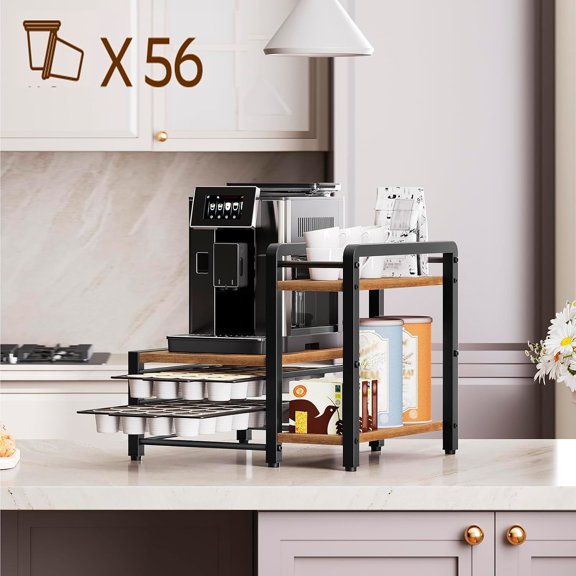 Coffee Pod Drawer Holder, Holder for K Cup, Coffee Pod Organizer with 2-Tier Sliding Storage Drawer and Countertop, 56 Pods Capacity, Rustic Brown and Black