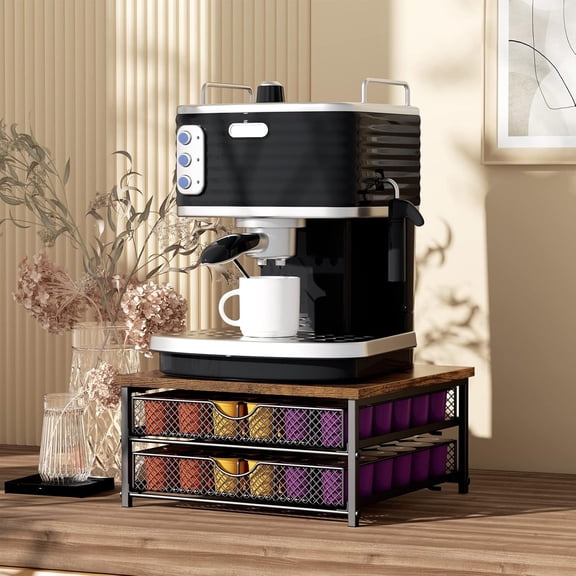 Coffee Pod Drawer K Cups Organizer 2-Tier Coffee Pod Storage Holder with Drawer Baskets 72 Capacity Coffee Capsule Storage Organizer Drawer, Industrial Brown and Black