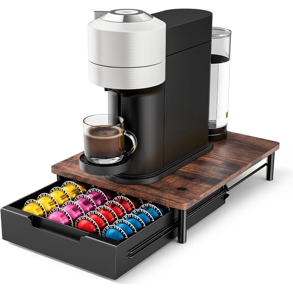 Coffee Pod Drawer Organizer for Nespresso Vertuo, Patented Flexible Slot Design Holds Up to 40 Large Capsules, Rustic Wood Look, Fits Under Coffee Machines