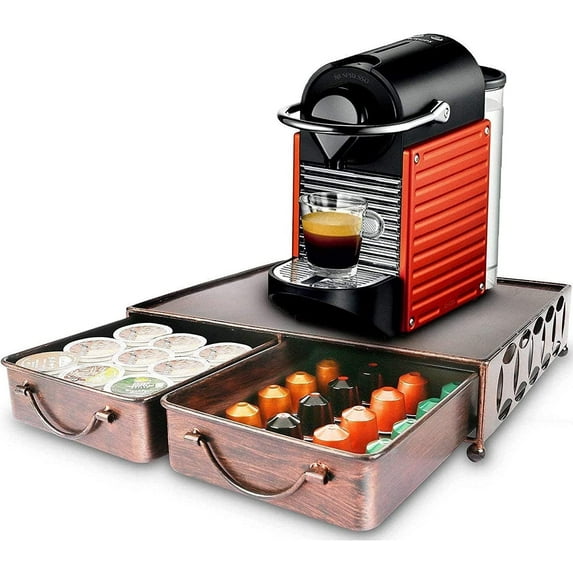 Coffee Pod Holder with 2pcs Multifunctional Storage Drawer Organizer for Tea bags, K-Cup Pods, Nespresso, Dolce Gusto, CBTL, Verismo for holding 60 Coffee Pods-Retro Brushed