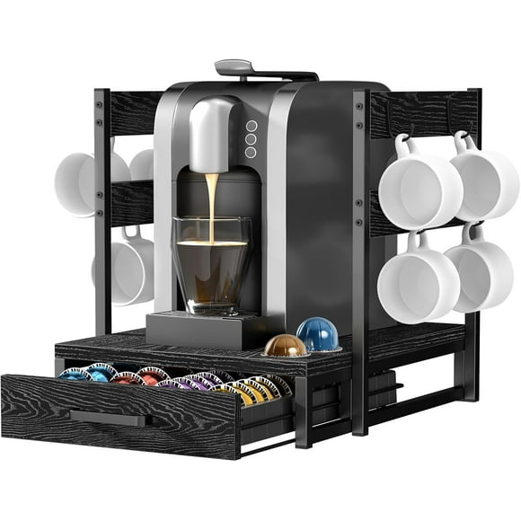 Coffee Pod Holder Compatible with Nespresso, Vertuo Pod Holder for 56 Small or 28 Large, Nespresso Capsule Organizer Drawer Coffee Maker Station with Cup Rack, Black