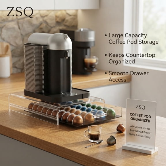 Coffee Pod Holder Compatible with Nespresso Vertuo Pods,40 Capsule Drawer Organizer for Coffee Station,Clear Coffee Capsule Storage Tray with Smooth Sliding Pull Out Design for Countertop Coffee Bar