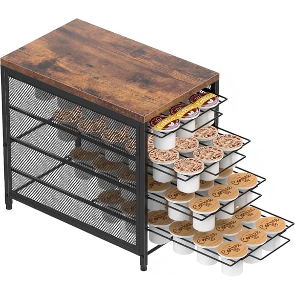 Coffee Pod Holder for Counter, 4-Tier K Cup Storage Organizer with Sliding Baskets, 72 Capacity, Wooden Top & Metal Frame, Space-Saving Coffee Station Drawer for Home Kitchen Office