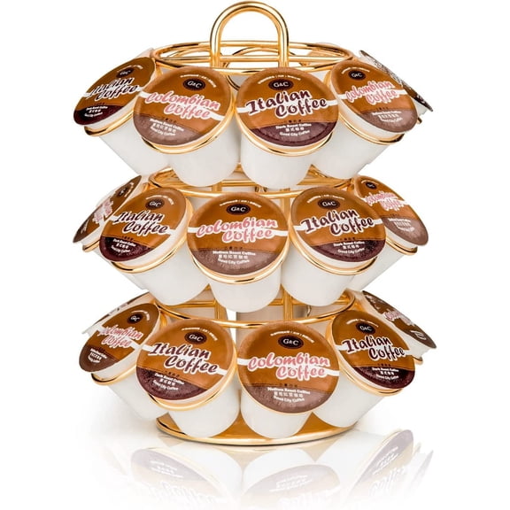 Coffee Pod Holder, K Cup Holders Carousel Organizer ,27 Pods Storage Compatible with Cups, Spins 360-Degrees, Modern Gold Design Round,Shining Gold,3 Tier Home or Office Kitchen Counter