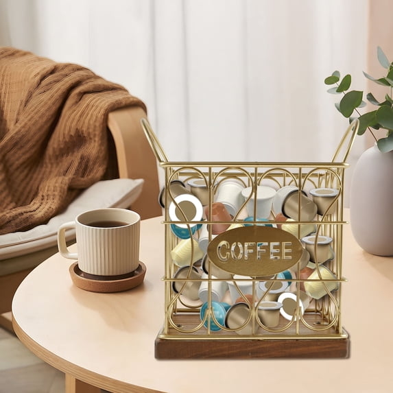Coffee Pod Holder for K Cup, Large Capacity Coffee Pod Organizer, Sturdy Coffee Station Organizer, Versatile Coffee Capsule Storage Basket with Wooden Base for Kitchen Counter Desktop