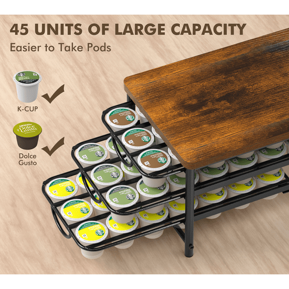 Coffee Pod Holder for K-cup, 45 Capsules Storage Drawer, 3-Tier Thick Metal with Sturdy Wooden Top, Vintage Coffee Pod Storage with Non-Slip Feet, Silent Sliding