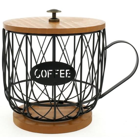 Coffee Pod Holder with Lid Large Capacity K Cup Coffee Filter Holder with Rustic Wooden Base Black Wire Coffee Storage Basket for Kitchen Countertop Coffee Bar Coffee Station Organizer