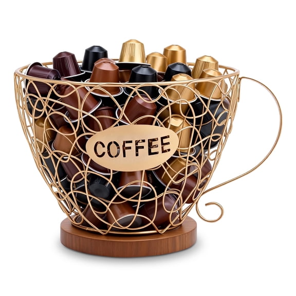 Coffee Pod Holder Organizer for Counter with Handle Large Capacity Black/Gold Wire Coffee Capsule Basket for Kitchen Office or Desktop