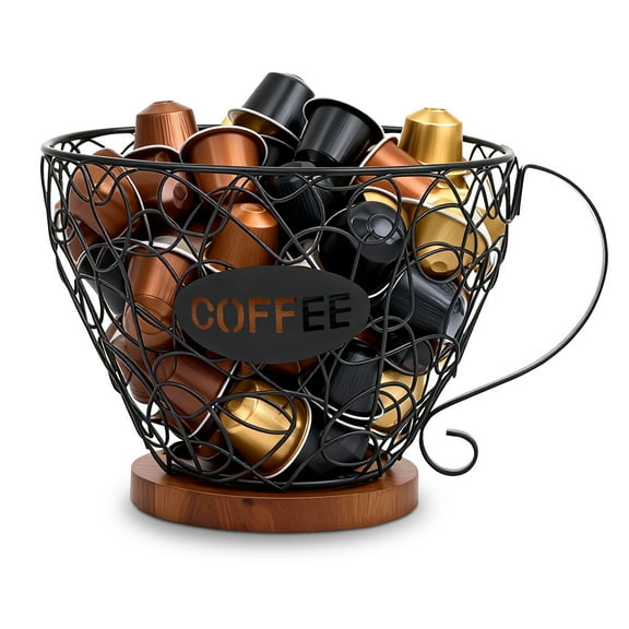Coffee Pod Holder Organizer for Counter with Handle Large Capacity Black/Gold Wire Coffee Capsule Basket for Kitchen Office or Desktop