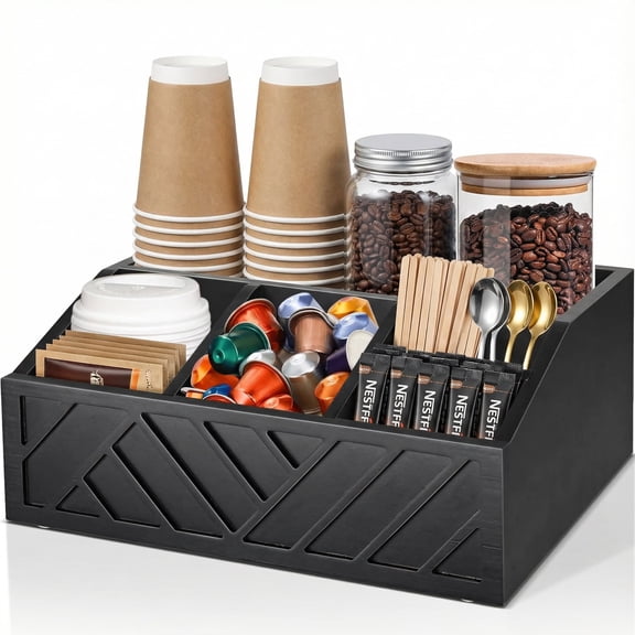 Gumihue Coffee Pod Holder and Bar Accessories, Wood Station Organizer for Decor, Syrup and Condiment Organizer, Black