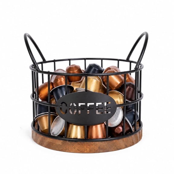 Coffee Pod Holder for Countertop, Wooden Base Coffee Pod Organizer, Black Metal Coffee Storage Basket for Kitchen Desktop Office