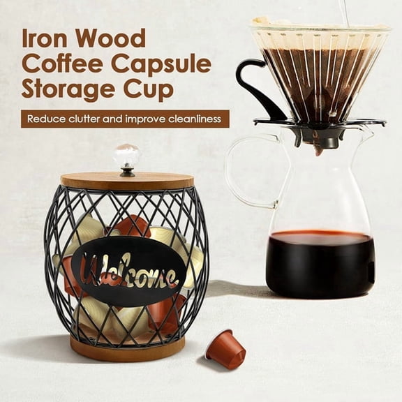 Coffee Pod Holder with Lid, Large Capacity Coffee Pod Storage Basket, Round Iron Coffees Pods Basket Holder