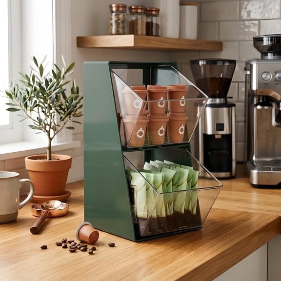 Coffee Pod Storage with 2 Large Capacity Basket K Cup Holder Countertop Organizer for Creamer Espresso Capsule Plastic Tea Bag Organizer Sugar Packet Holder for Coffee Bar Green/Clear