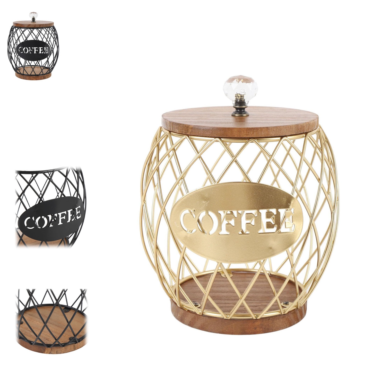 DimyFew Coffee Pod Holder - Iron Wire Basket With Wooden Lid For Keurig Capsule Storage, Black