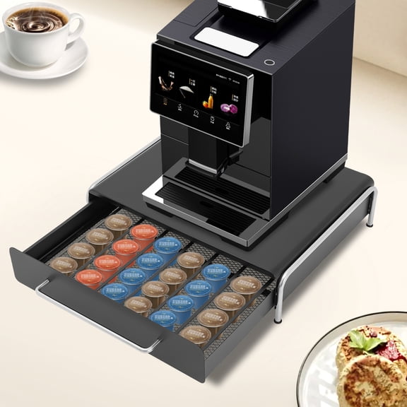 Coffee Pod Storage Drawer, Carbon Steel Coffee Capsule Organizer with Sliding Drawer Holds 35-40 Capsules, 44LBS Capacity, Under Coffee Pot / Countertop Stand for Kitchen, Office (Black)