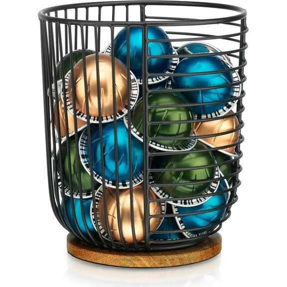 Coffee Pod Storage Holder, Metal Wire Basket with Wood Base, Countertop Coffee Capsule Organizer (89357)
