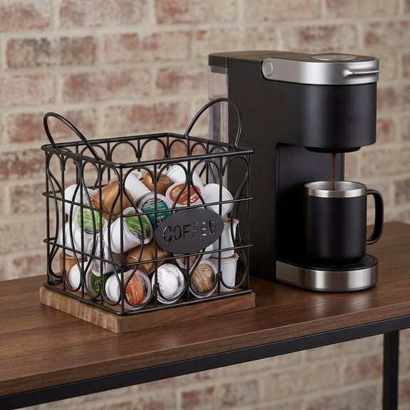 Coffee Pod Storage Organizer with Wood Base, for Kitchen Counter