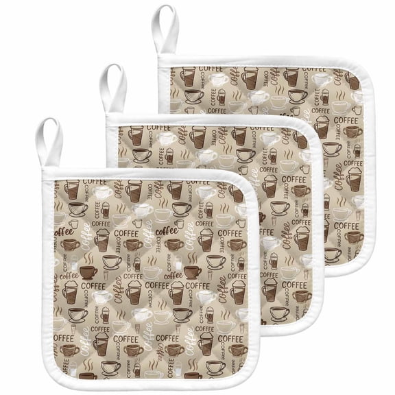 Coffee Pot Holders for Kitchen Heatproof Potholder, 3 Pack Beige Farmhouse Retro Beans Latte Tea Cup Funny Hot Pads Multipurpose Oven Pads Cloth Potholders Trivet for Cooking Baking