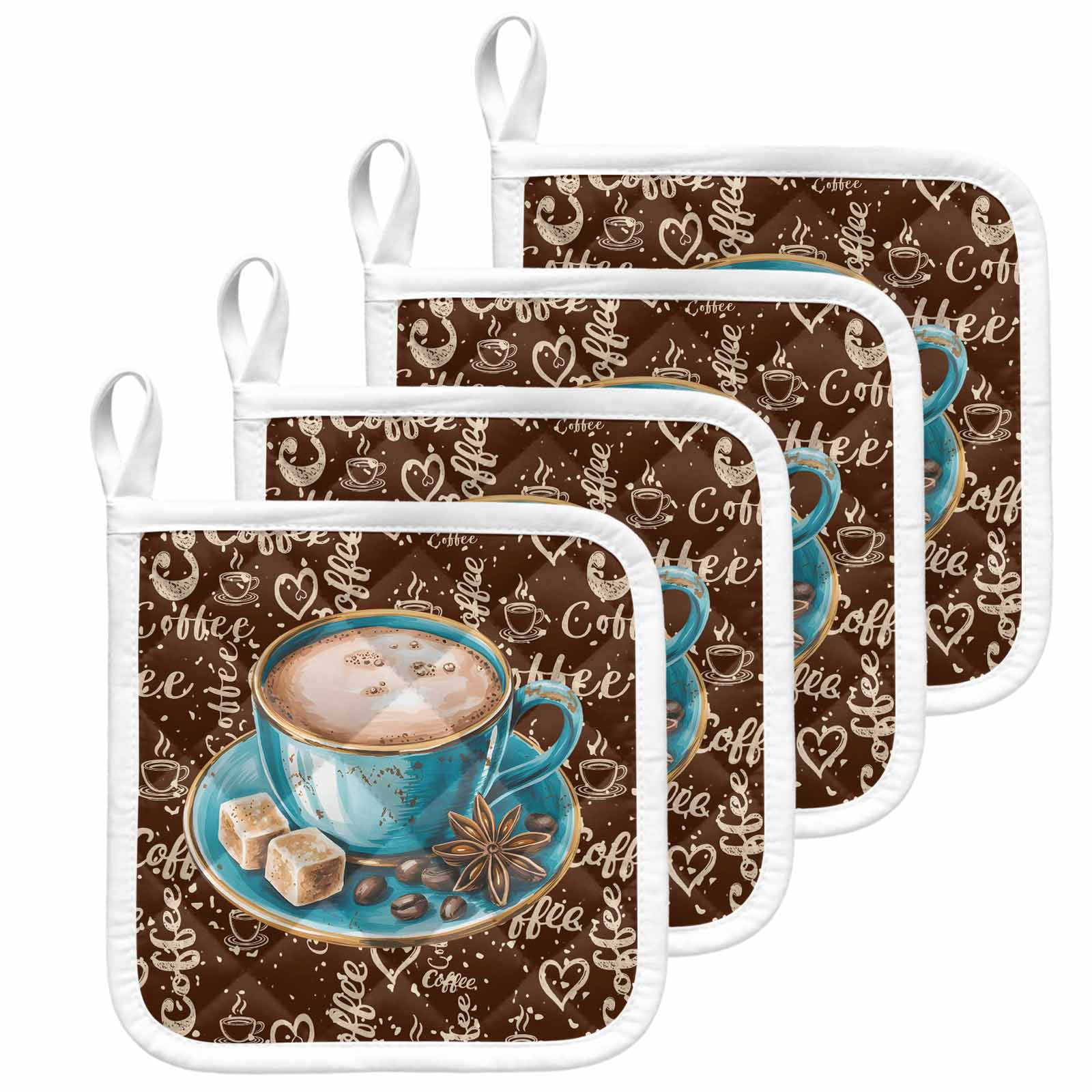 Coffee Pot Holders for Kitchen Heatproof Potholder, 4 Pack Brown Teal Pastoral Vintage Art Hot Pads Multipurpose Oven Pads Cloth Potholders Trivet for Cooking and Baking