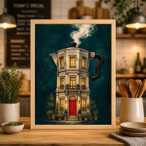 Coffee Pot House Surreal Art Print, Moka Pot Townhouse Poster, Kitchen ...