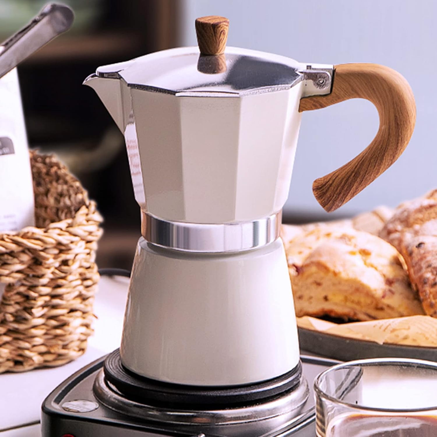 Coffee Pot, Moka Pot Italian Coffee Maker 6 cup/10 OZ Stovetop Espresso Maker for Gas or Electric Ceramic Stovetop Camping Manual Cuban Coffee Percolator for Cappuccino or Latte