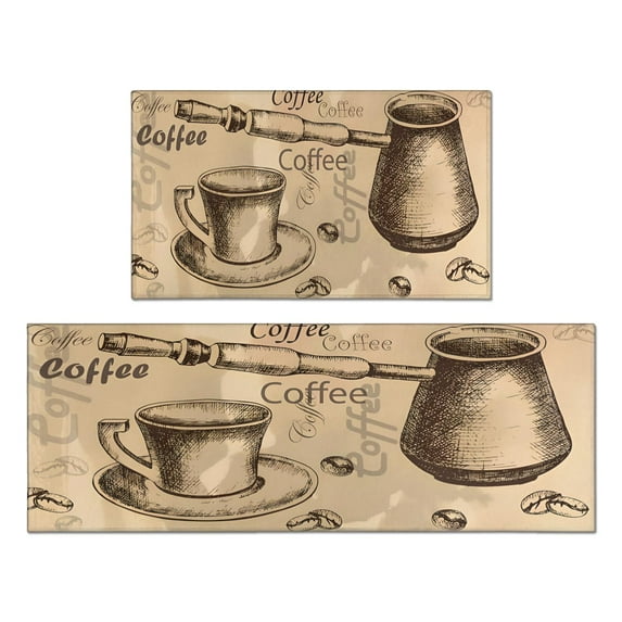 Coffee Pot Vintage Pattern Kitchen Rugs and Mats Set Of 2,Kitchen Rugs Mats with Dirty Resistance,washable,water Proof,kitchen Mats 17.7x24+17.7x48inch