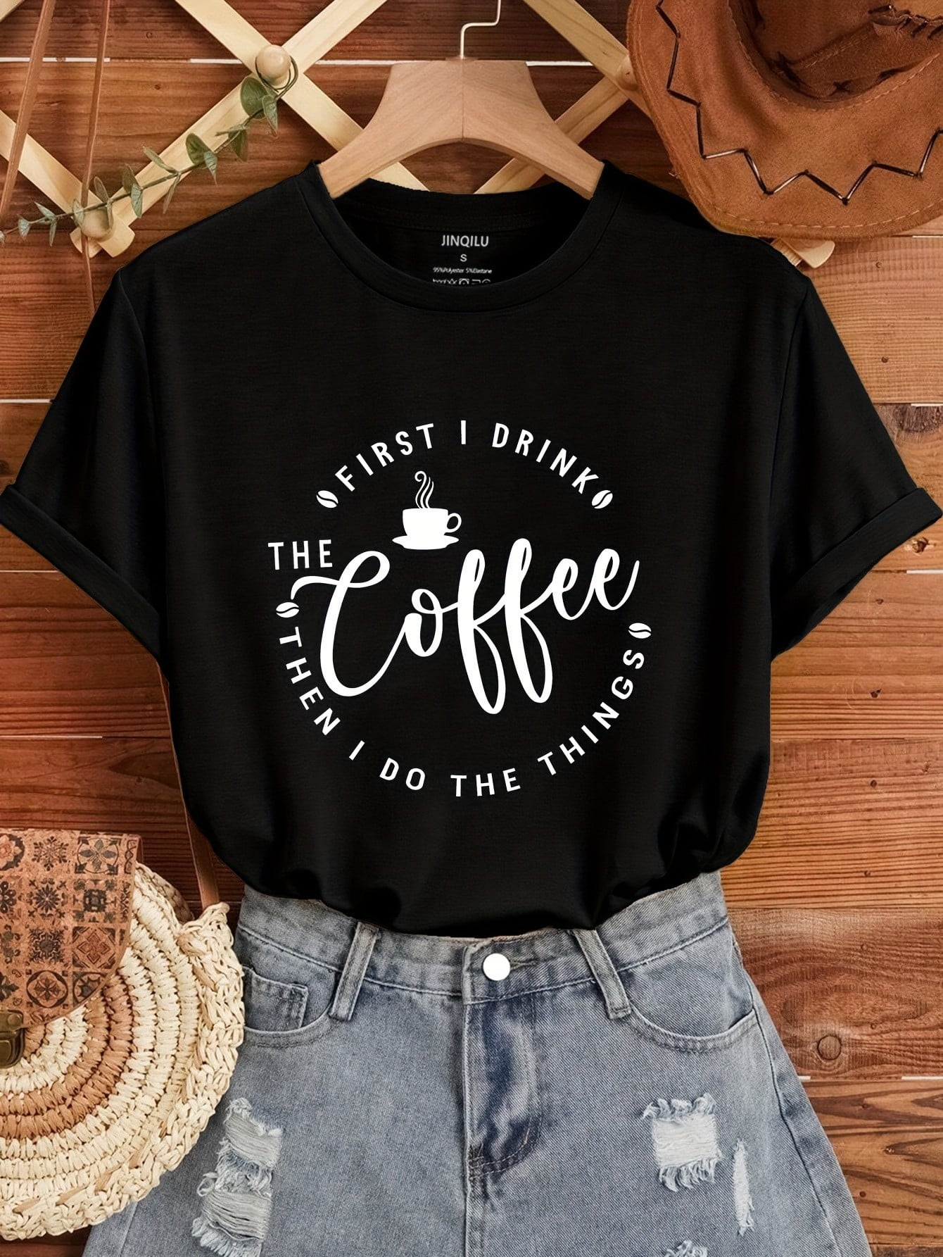 Slim Fit Coffee Fluffy Patchwork Cotton T Shirt Spring main image 1