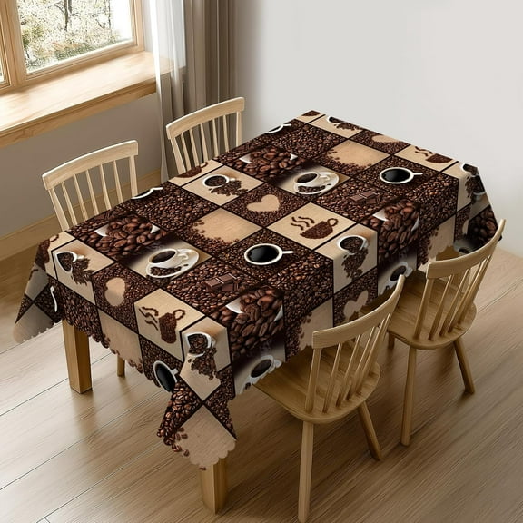 Coffee Print Rectangle Table Cloth for Dining Tables,Reusable Modern Art Coffee Cup Bean Abstract Love Heart Print Tablecloths Decoration Table Cover for Kitchen,Holiday,Party, 60x84 Inch