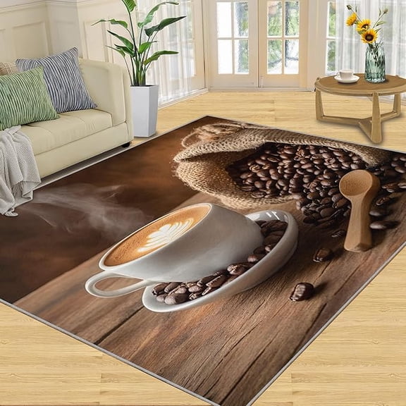 Coffee Print Rugs for Bedroom, Coffee Beans Area Rug, Latte Art Rugs for Living Room, Indoor Non-Slip Rug, Machine Washable Carpet for Front Entrance Floor Decor 2 x 3ft