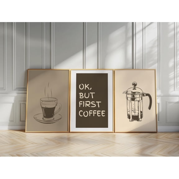 Coffee Print Set French Press But First Coffee Kitchen Wall Art 30 Set 3, Stretched Canvas