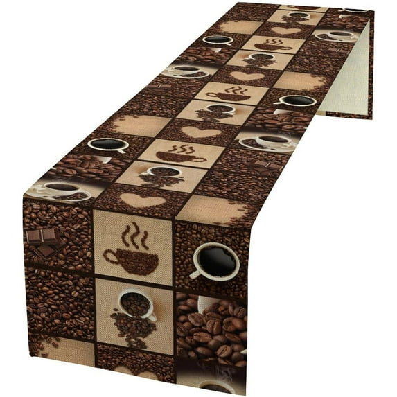 Coffee Print Table Runner Non-Slip Rectangle Modern Art Coffee Cup Coffee Bean Abstract Heart Print for Dining Room Kitchen Living Room Party 13x108 Inch
