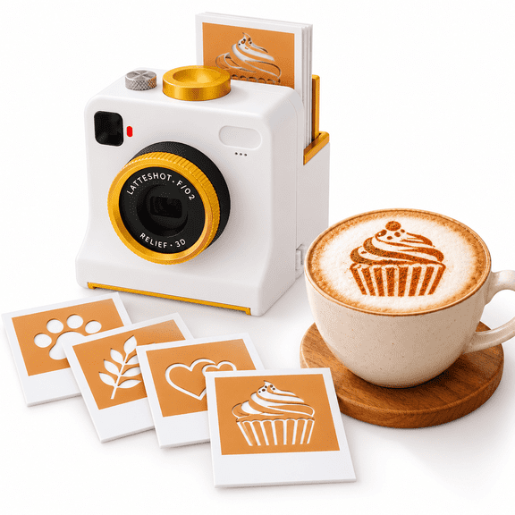 Coffee Printer Latte Art Maker, 3D Printed Camera Stencil Printer with 4, 12 or 30 Reusable Coffee Art Stencils, Mechanical Powder Decorating Tool for Cappuccino, Cocoa, Milk Foam